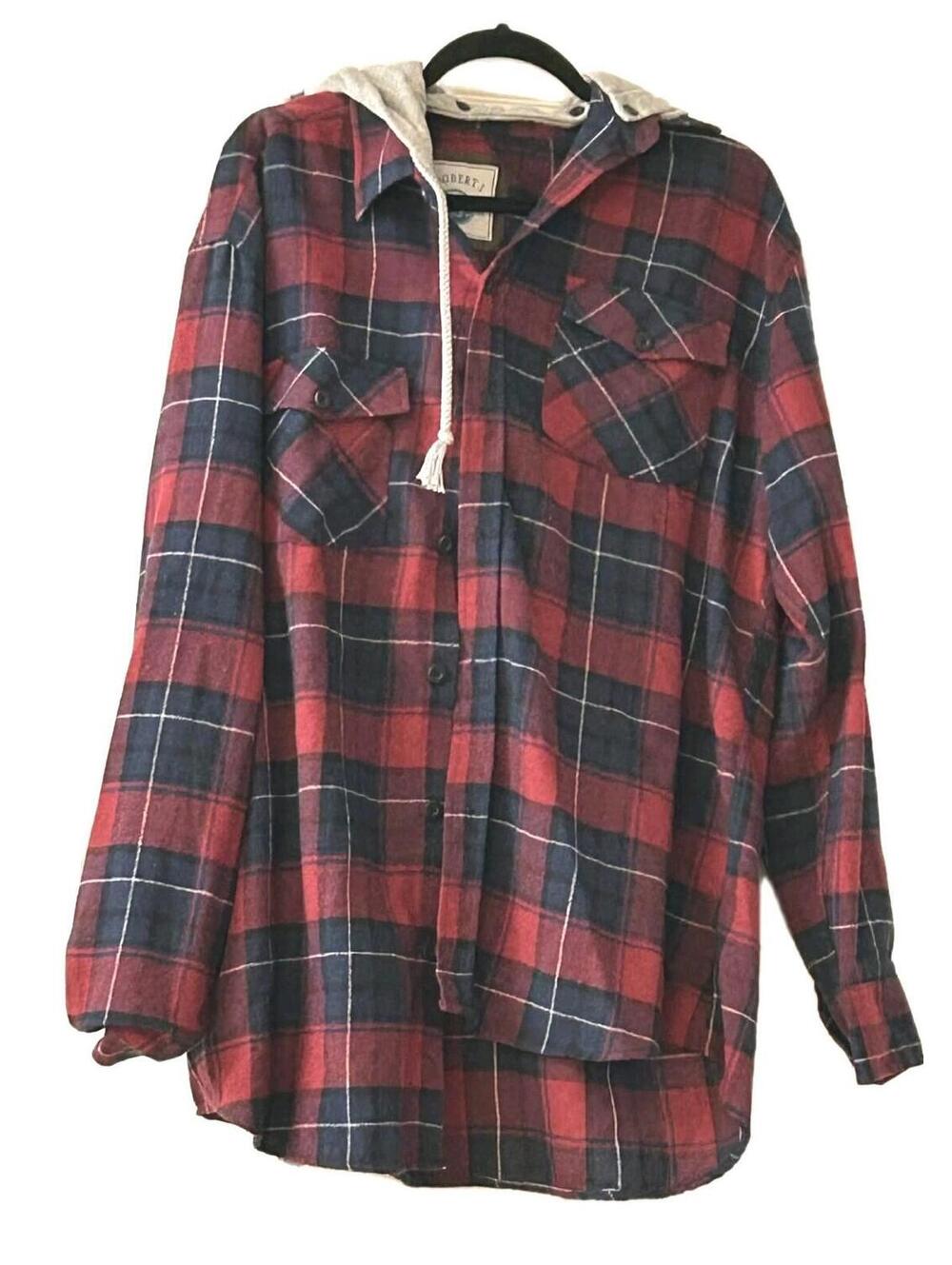 Gioberti Mens Flannel Shirt Hooded Plaid Jacket Red Blue Cotton Size L Button Up